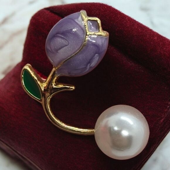 Purple Tulip Pearl Ear Jackets Wrap Earrings Wedding Bridal Bride Formal Jewelry - Picture 4 of 8